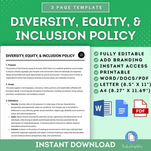 Könnte beinhalten: Eine druckbare Vorlage für eine Diversity-, Equity- und Inclusion-Richtlinie in Grün und Weiß. Die Vorlage ist vollständig editierbar und enthält einen Platzhalter für ein Logo. Der Text auf der Vorlage lautet "Diversity, Equity & Inclusion Policy". Die Vorlage ist in den Formaten Word, PDF und Letter verfügbar.