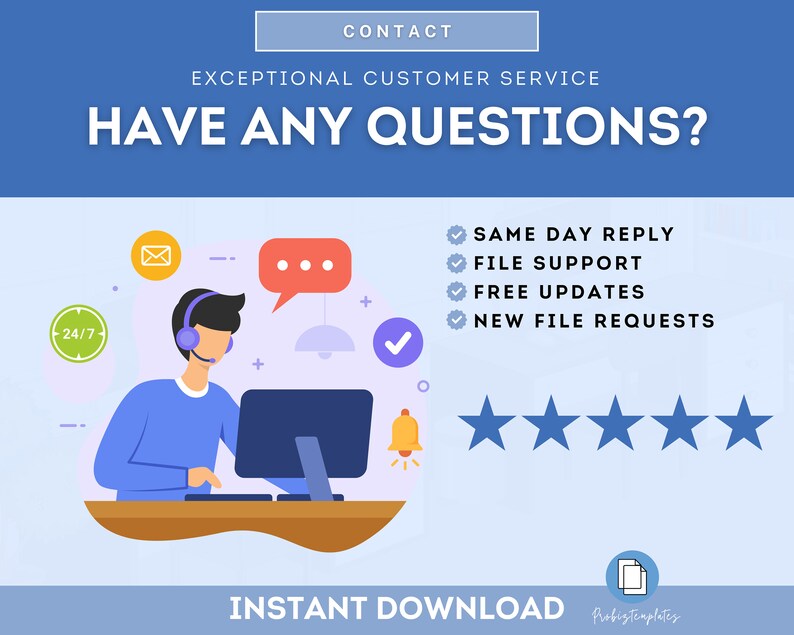 Puede incluir: Ilustraci&oacute;n de un representante de atenci&oacute;n al cliente sentado en una computadora con auriculares. El texto "HAVE ANY QUESTIONS?" est&aacute; en la parte superior de la imagen. El texto "SAME DAY REPLY", "FILE SUPPORT", "FREE UPDATES" y "NEW FILE REQUESTS" se enumera debajo de la ilustraci&oacute;n. Se muestran cinco estrellas debajo del texto. El texto "INSTANT DOWNLOAD" est&aacute; en la parte inferior de la imagen.