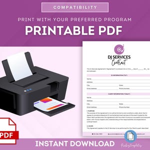May include: Printable DJ Services Contract PDF template. This contract template is compatible with most printing programs. The template includes sections for DJ information, client information, purpose, scope, and signature lines. The template is available for instant download.