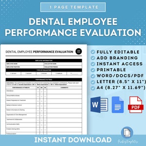May include: A printable dental employee performance evaluation template in a blue and white color scheme. The template includes sections for employee information, performance attributes, and comments. The template is available in Word, PDF, and Letter size.