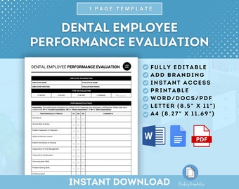 Dental Employee Performance Evaluation Form, Dental Staff Performance Review Sheet, Dental Team Performance Assessment Form, Staff Feedback