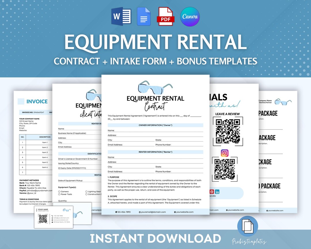 Equipment Rental Contract Bundle, Machinery Rental Agreement Template ...