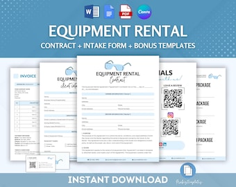 May include: A blue and white printable template for equipment rental contracts, intake forms, and bonus templates. The template includes a contract, intake form, invoice, and testimonials. The template is available for instant download.