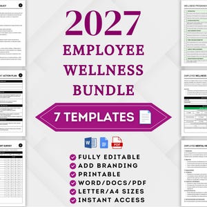 Op de afbeelding: Een 2027 Employee Wellness Bundle met 7 sjablonen, waaronder een drugs- en alcoholbeleid, checklist, actieplan, enquête en beleid voor geestelijke gezondheid, inclusief bewerkbare documentpictogrammen voor kantoorgebruik.
