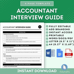 May include: A printable guide for conducting an accountant interview. The guide includes sections for greeting and introduction, professional background, role understanding, and educational background. The guide is available in Word, PDF, Letter (8.5" x 11"), and A4 (8.27" x 11.69") sizes.