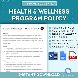 Health And Wellness Program Policy Template, Employee Wellness Policy, Workplace Health Program Guidelines, Wellness Program Policy Template