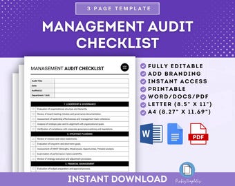 May include: A purple and white printable management audit checklist template with the text "MANAGEMENT AUDIT CHECKLIST" in a bold white font. The checklist is fully editable and includes sections for leadership and governance, strategic planning, and financial management. The template is available in Word, PDF, and Letter size.