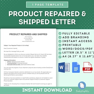 Carta de produto reparado e enviado, carta de confirmação de reparo do produto, notificação de envio do produto reparado, carta de reparo do produto