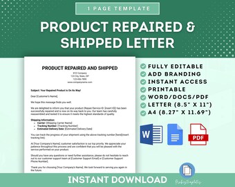 Product Repaired And Shipped Letter, Product Repair Confirmation Letter, Repaired Product Shipping Notification, Product Repair Letter