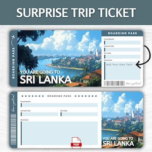 Billet cadeau surprise imprimable au Sri Lanka, carte d'embarquement pour les vacances à Colombo modifiable, pass escapade imprimable au Sri Lanka, billet cadeau voyage en Asie