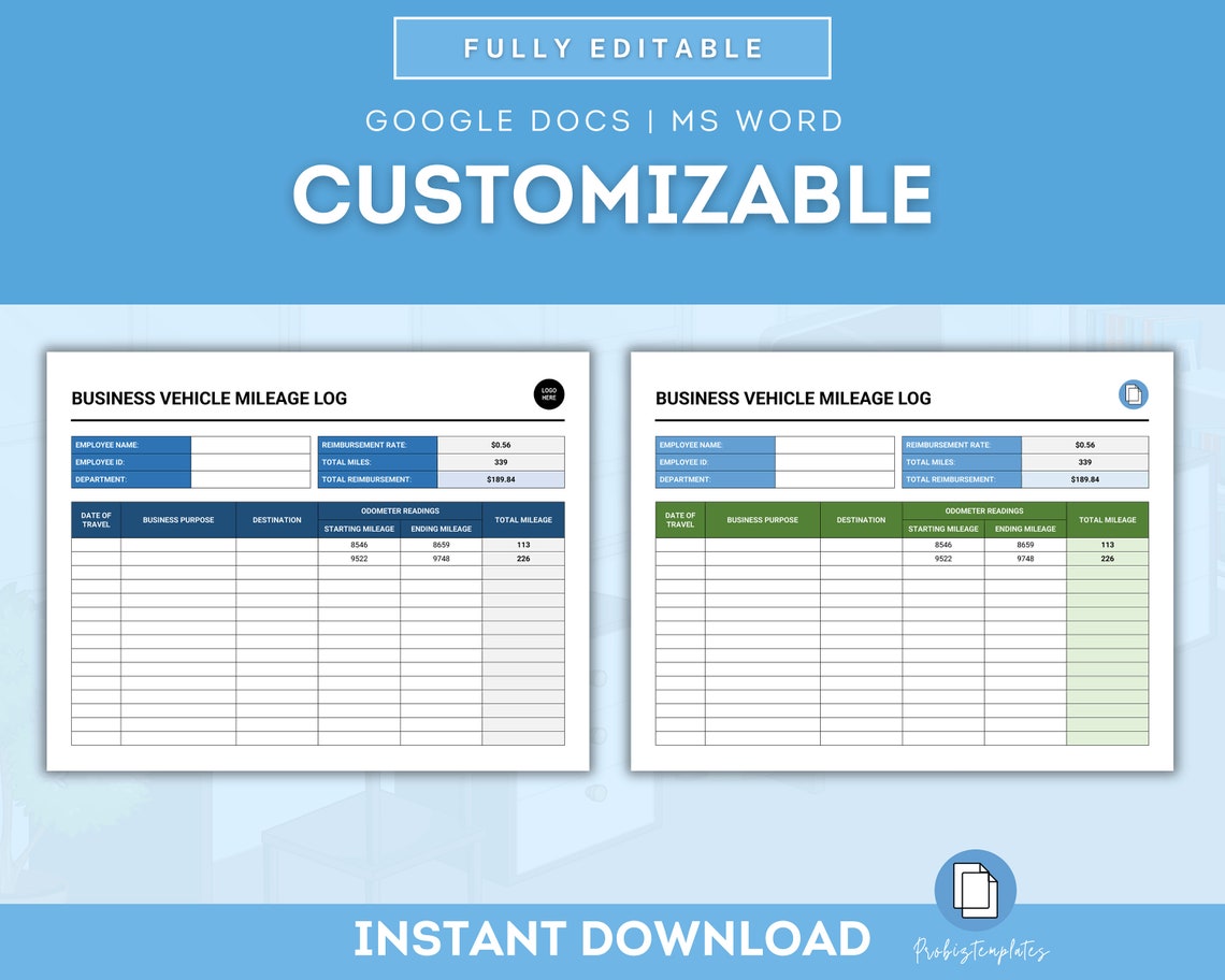 Business Vehicle Mileage Log Template, Business Car Usage Log, Work ...