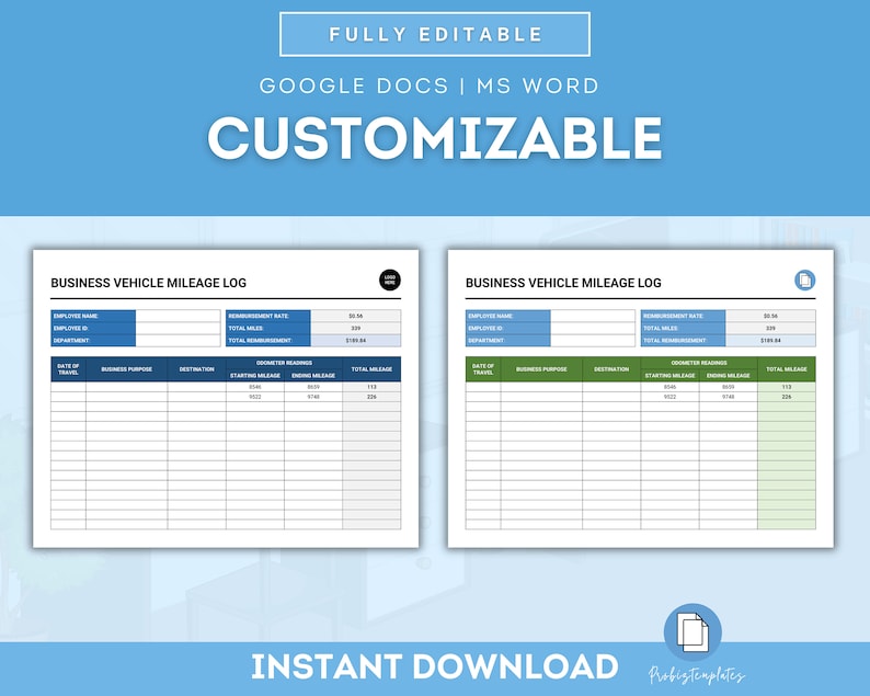 Business Vehicle Mileage Log Template, Business Car Usage Log, Work ...