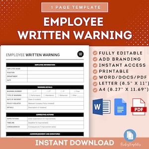 Könnte beinhalten: Eine druckbare schriftliche Mitarbeiterwarnung in Schwarzweiß. Die Vorlage enthält Abschnitte für Mitarbeiterinformationen, Warnungsdetails, Korrekturmaßnahmen und Bestätigung und Unterschriften. Die Vorlage ist in den Formaten Letter (8,5" x 11") und A4 (8,27" x 11,69") verfügbar.