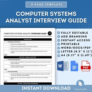 Może przedstawiać: Niebieski i biały, drukowany przewodnik po rozmowie kwalifikacyjnej dla analityka systemów komputerowych. Przewodnik zawiera sekcje dotyczące powitania i wprowadzenia, pytań ogólnych, wykształcenia, doświadczenia i umiejętności. Przewodnik jest w pełni edytowalny i zawiera natychmiastowy dostęp do pobieralnego pliku PDF, Word lub Docs. Przewodnik jest dostępny w formatach Letter (8,5" x 11") i A4 (8,27" x 11,69").
