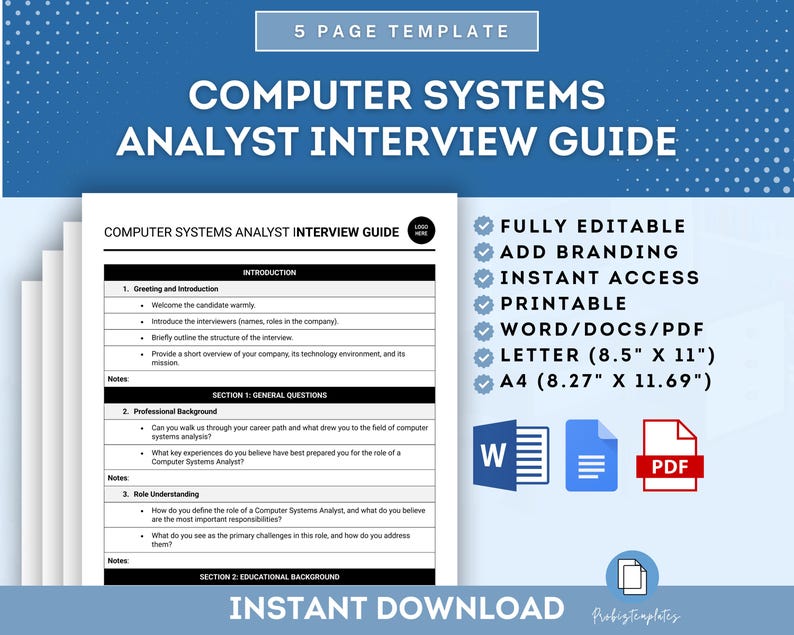 Puede incluir: Una gu&iacute;a de entrevista imprimible azul y blanca para un analista de sistemas inform&aacute;ticos. La gu&iacute;a incluye secciones para el saludo y la introducci&oacute;n, preguntas generales, antecedentes educativos, experiencia y habilidades. La gu&iacute;a es totalmente editable e incluye acceso instant&aacute;neo a un archivo PDF, Word o Docs descargable. La gu&iacute;a est&aacute; disponible en los tama&ntilde;os Letter (8,5" x 11") y A4 (8,27" x 11,69").