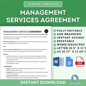 Può includere: Un modello di contratto di servizi di gestione scaricabile digitalmente in verde e bianco. Il modello è completamente modificabile, stampabile ed è disponibile nei formati Word, PDF e Letter. Il testo sul modello recita "Contratto di servizi di gestione".