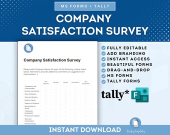 Puede incluir: Una plantilla de encuesta de satisfacción de la empresa azul y blanca con una lista de características que incluyen totalmente editable, agregar marca, acceso instantáneo, formularios hermosos, arrastrar y soltar, formularios de MS y formularios de tally. La plantilla incluye una escala de calificación para varios criterios como transparencia y comunicación, diversidad e inclusión, equilibrio entre el trabajo y la vida personal, visión y dirección, toma de decisiones, apoyo y orientación, oportunidades de crecimiento, capacitación y desarrollo, retroalimentación sobre el desempeño, salario y compensación, y paquete de beneficios.