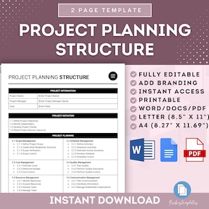 May include: A printable project planning structure template in a pink and white colour scheme. The template is fully editable and includes sections for project information, project initiation, and project planning. The template is available in Word, PDF, and Letter sizes.