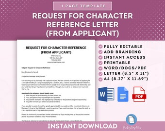 Request for Character Reference Letter From Applicant, Character Reference Request From Applicant, Applicant Character Reference Request