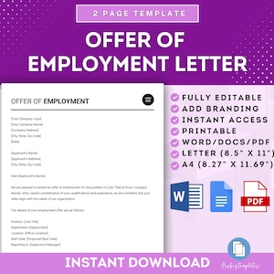 Plantilla de carta de oferta de empleo, carta de oferta de trabajo, oferta de trabajo para empleados, carta de incorporación de recursos humanos, carta de oferta para empleados MS Word Google Docs