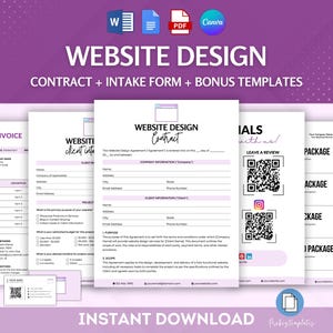 Può includere: Un set di modelli di progettazione di siti Web stampabili in rosa e bianco. I modelli includono un contratto, un modulo di assunzione clienti, una fattura e modelli bonus per testimonianze e opzioni di pacchetto. Il testo sui modelli recita "Contratto di progettazione di siti Web", "Modulo di assunzione clienti di progettazione di siti Web", "Fattura", "Testimonianze con noi! Lascia una recensione" e "Pacchetto".