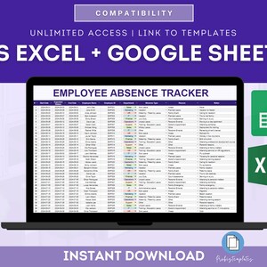May include: A laptop computer displaying a spreadsheet titled "Employee Absence Tracker". The spreadsheet is open in a program that is compatible with both Microsoft Excel and Google Sheets. The image also shows icons for both Microsoft Excel and Google Sheets. The text "Instant Download" is at the bottom of the image.