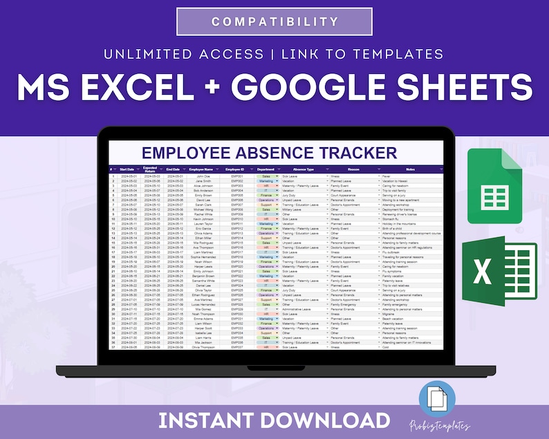 May include: A laptop computer displaying a spreadsheet titled "Employee Absence Tracker". The spreadsheet is open in a program that is compatible with both Microsoft Excel and Google Sheets. The image also shows icons for both Microsoft Excel and Google Sheets. The text "Instant Download" is at the bottom of the image.