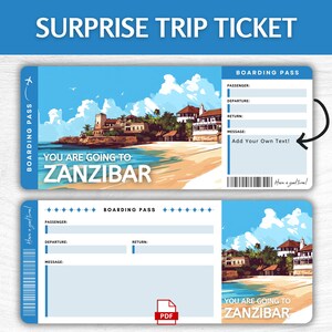 Biglietto regalo a sorpresa per Zanzibar stampabile, biglietto d'imbarco per vacanze sull'isola modificabile, pass per la fuga a Zanzibar stampabile, biglietto regalo per viaggio in Africa