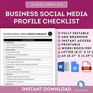 Puede incluir: Una plantilla de lista de verificación de perfil de redes sociales comerciales con el texto "Business Social Media Profile Checklist". La plantilla incluye secciones para la información del perfil, un logotipo y una foto de portada. La plantilla es totalmente editable e imprimible en tamaño Carta (21,59 cm x 27,94 cm) y A4 (21 cm x 29,7 cm).
