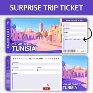 Printable Tunisia Surprise Gift Ticket, Editable North Africa Boarding Pass, Printable Tunisia Getaway Pass, Africa Trip Gift Ticket