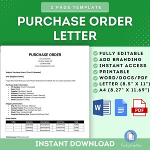 May include: A green and white purchase order letter template with the text "PURCHASE ORDER LETTER" in large black letters. The template is fully editable, printable, and available in Word, Docs, and PDF formats. The template is available in Letter (8.5" x 11") and A4 (8.27" x 11.69") sizes.