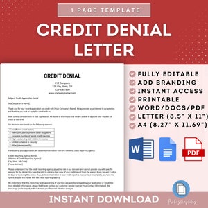 May include: A pink and white template for a credit denial letter. The template is fully editable and includes a sample letter with a list of reasons for denial. The template is available in Word, PDF, and Letter size. The template is available for instant download.