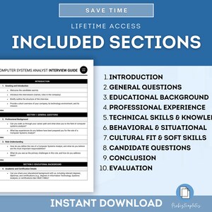 Puede incluir: Un gr&aacute;fico azul y blanco con el texto "INCLUDED SECTIONS" en letras blancas grandes. Debajo del texto, una lista de 10 secciones para una gu&iacute;a de entrevista para analista de sistemas inform&aacute;ticos: Introducci&oacute;n, Preguntas generales, Antecedentes educativos, Experiencia profesional, Habilidades t&eacute;cnicas y conocimientos, Comportamiento y situaciones, Ajuste cultural y habilidades blandas, Preguntas a los candidatos, Conclusi&oacute;n y Evaluaci&oacute;n.