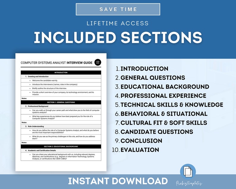 Puede incluir: Un gr&aacute;fico azul y blanco con el texto "INCLUDED SECTIONS" en letras blancas grandes. Debajo del texto, una lista de 10 secciones para una gu&iacute;a de entrevista para analista de sistemas inform&aacute;ticos: Introducci&oacute;n, Preguntas generales, Antecedentes educativos, Experiencia profesional, Habilidades t&eacute;cnicas y conocimientos, Comportamiento y situaciones, Ajuste cultural y habilidades blandas, Preguntas a los candidatos, Conclusi&oacute;n y Evaluaci&oacute;n.