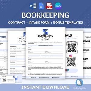 Op de afbeelding: Een digitale download van een boekhoudcontract, een intakeformulier en bonus sjablonen. De sjablonen zijn in blauw en wit met een modern ontwerp. De tekst op de sjablonen omvat "Boekhoudcontract", "Intakeformulier voor klanten" en "Laat een beoordeling achter".
