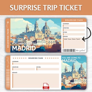 Biglietto regalo a sorpresa per Madrid stampabile, biglietto d'imbarco per vacanze in Spagna modificabile, pass per una fuga a Madrid stampabile, biglietto regalo per un viaggio in Spagna