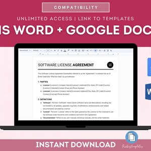 Peut inclure: L'&eacute;cran d'un ordinateur portable affichant un document de contrat de licence de logiciel dans une fen&ecirc;tre Microsoft Word. Le document est intitul&eacute; "Contrat de licence de logiciel". L'image montre &eacute;galement des ic&ocirc;nes pour Microsoft Word et Google Docs, indiquant la compatibilit&eacute; avec les deux programmes. Le texte "T&eacute;l&eacute;chargement instantan&eacute;" est affich&eacute; en bas de l'image.