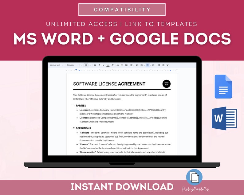 Peut inclure: L'&eacute;cran d'un ordinateur portable affichant un document de contrat de licence de logiciel dans une fen&ecirc;tre Microsoft Word. Le document est intitul&eacute; "Contrat de licence de logiciel". L'image montre &eacute;galement des ic&ocirc;nes pour Microsoft Word et Google Docs, indiquant la compatibilit&eacute; avec les deux programmes. Le texte "T&eacute;l&eacute;chargement instantan&eacute;" est affich&eacute; en bas de l'image.
