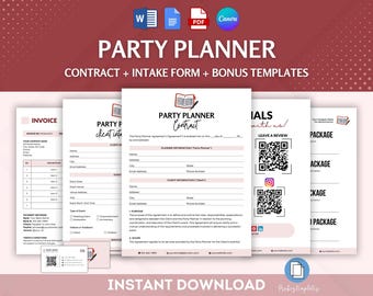May include: A digital download of printable party planner templates. The templates include a contract, intake form, and bonus templates. The templates are in a pink and white color scheme with a hand-drawn illustration of a party planner.