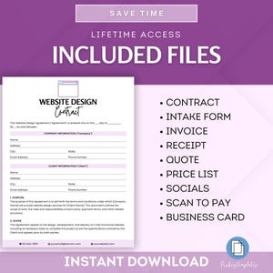 以下が含まれることがあります： 「Save Time」「Lifetime Access」「Included Files」というテキストが書かれた、紫とピンクのデジタルダウンロードグラフィック。このグラフィックには、ダウンロードに含まれる以下のファイルがリストされています。契約書、受付フォーム、請求書、領収書、見積もり、価格表、ソーシャルメディア、スキャンして支払う、名刺。
