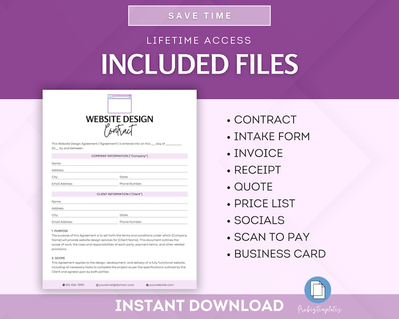 以下が含まれることがあります： 「Save Time」「Lifetime Access」「Included Files」というテキストが書かれた、紫とピンクのデジタルダウンロードグラフィック。このグラフィックには、ダウンロードに含まれる以下のファイルがリストされています。契約書、受付フォーム、請求書、領収書、見積もり、価格表、ソーシャルメディア、スキャンして支払う、名刺。