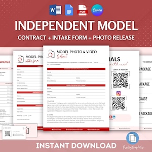 May include: A red and white printable contract, intake form, and photo release for independent models. The document includes sections for company information, model information, emergency contacts, purpose, scope, and terms and conditions. The document also includes a QR code for leaving a review.