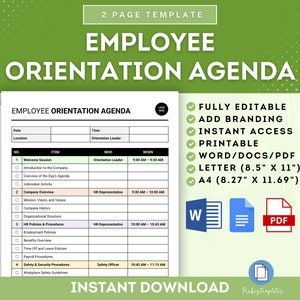 Op de afbeelding: Een printbare sjabloon voor een werknemersoriëntatie-agenda in een groen, wit en zwart kleurenschema. De sjabloon is beschikbaar in Word, PDF en Letter formaten. De tekst op de sjabloon luidt "Employee Orientation Agenda" en bevat een tabel met koppen voor "Item", "Wie", en "Wanneer".