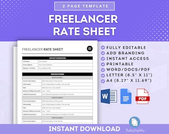 Freelancer Rate Sheet Template, Freelance Service Pricing Sheet, Independent Contractor Pricing Guide, Freelance Service Rate Catalog