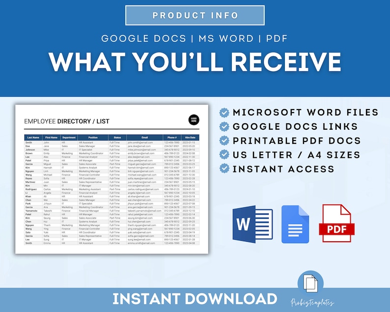 Employee List Template, Employee Directory, Staff Roster Template ...