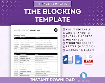 Time Blocking Template, Daily Schedule Template, Time Management Planner Template, Time Blocking Planner, Productivity Schedule Template
