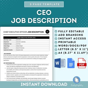 May include: A blue and white printable template for a CEO job description. The template is fully editable and includes a job overview, key responsibilities, and a section for adding branding. The template is available in Word, PDF, and Letter sizes.