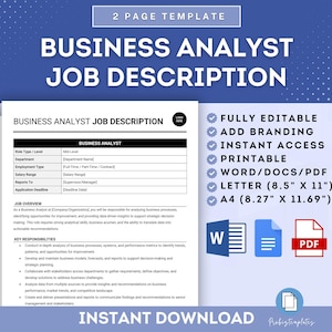 May include: A printable business analyst job description template in a white and blue colour scheme. The template is fully editable and includes sections for role type, department, employment type, salary range, reports to, and application deadline. The template is available in Word, PDF, and Letter sizes.