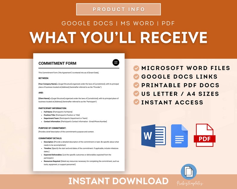 May include: A digital download of a commitment form template in Microsoft Word, Google Docs, and PDF formats. The form includes sections for participant information, purpose of commitment, and commitment details. The document is available in US Letter and A4 sizes.