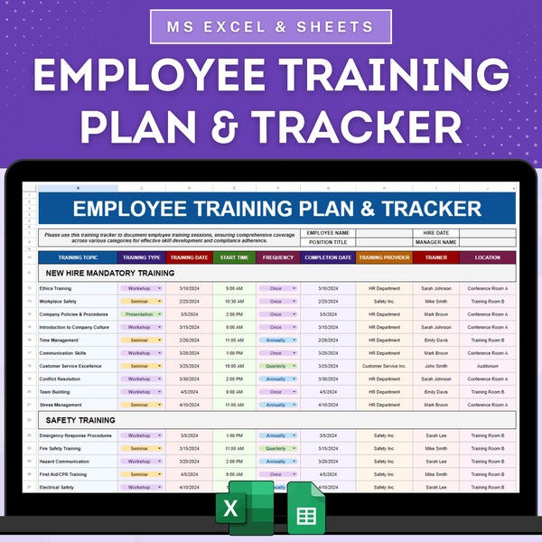 Employee Training Plan And Tracker Template For Microsoft Excel And Google Sheets, Employee Training Program Management, Staff Training Plan